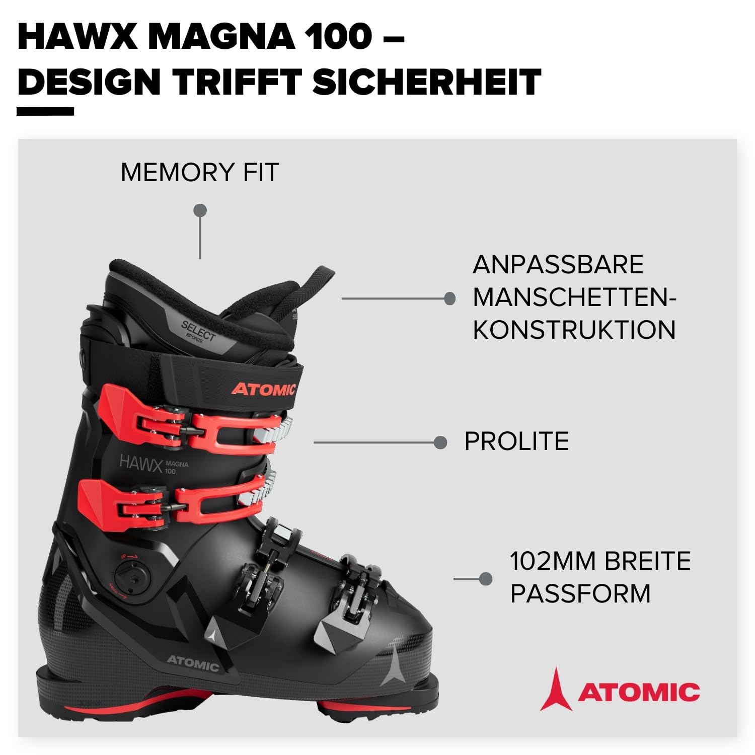 Atomic HAWX Magna 100 Skischuhe - Breite Ski-Boots mit 102 mm Passform & 100er-Flex - Hochwertige Ski-Schuhe mit individuellem Memory Fit
