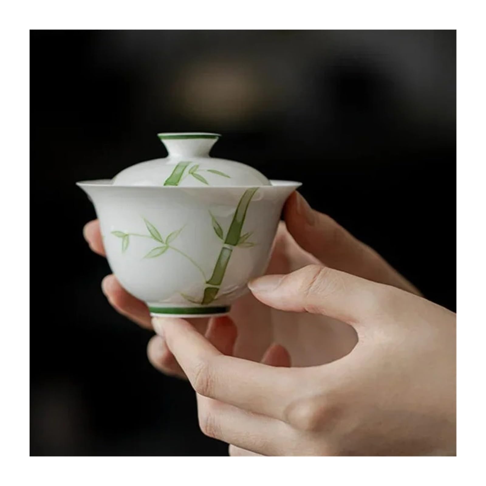 1 chinesische Teeschale aus Porzellan mit Deckel und grünem Bambus-Design