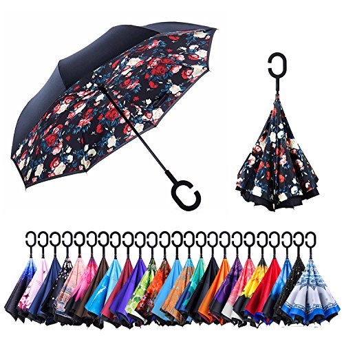 Newsight Reverse Umbrella, Double Layer Inverted Umbrella Upside Down, Self Stand, C Shape Handle, Inverse Inside Out Folding for Car, Windproof, Waterproof, Sun Protective (Bella Flower)