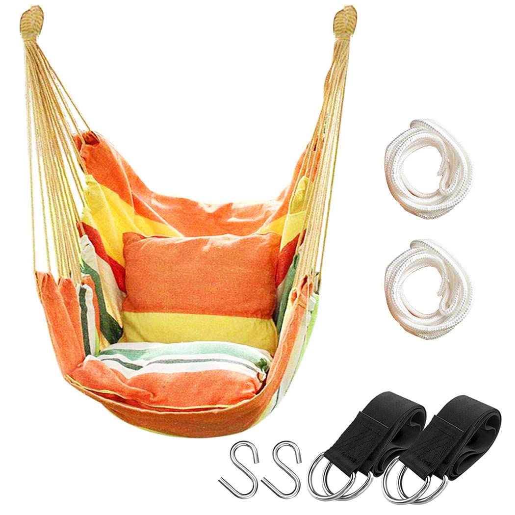 Sedia a dondolo sospesa in corda per interni ed esterni, robusta amaca in tessuto di cotone, max 136 kg, sedia sospesa per camera da letto, patio, portico (barra in legno e cuscini non inclusi,