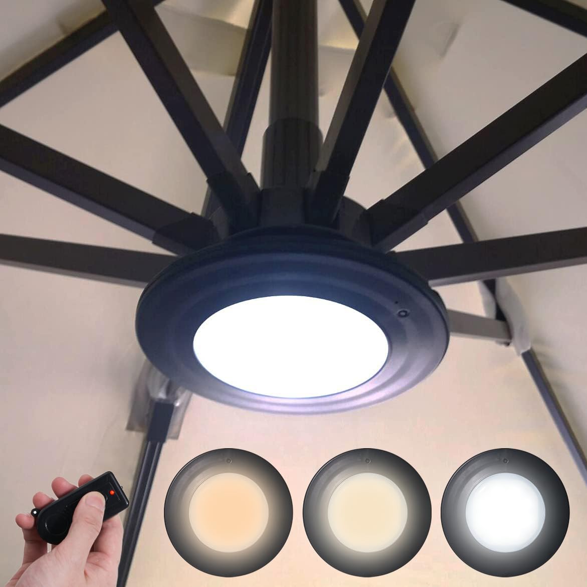 Happetite Rechargeable Battery Operated Patio Cantilever Umbrella Lights with 3 Brightness Modes, 3 Colors Warm Neutral Cold, for Outdoor & Garden