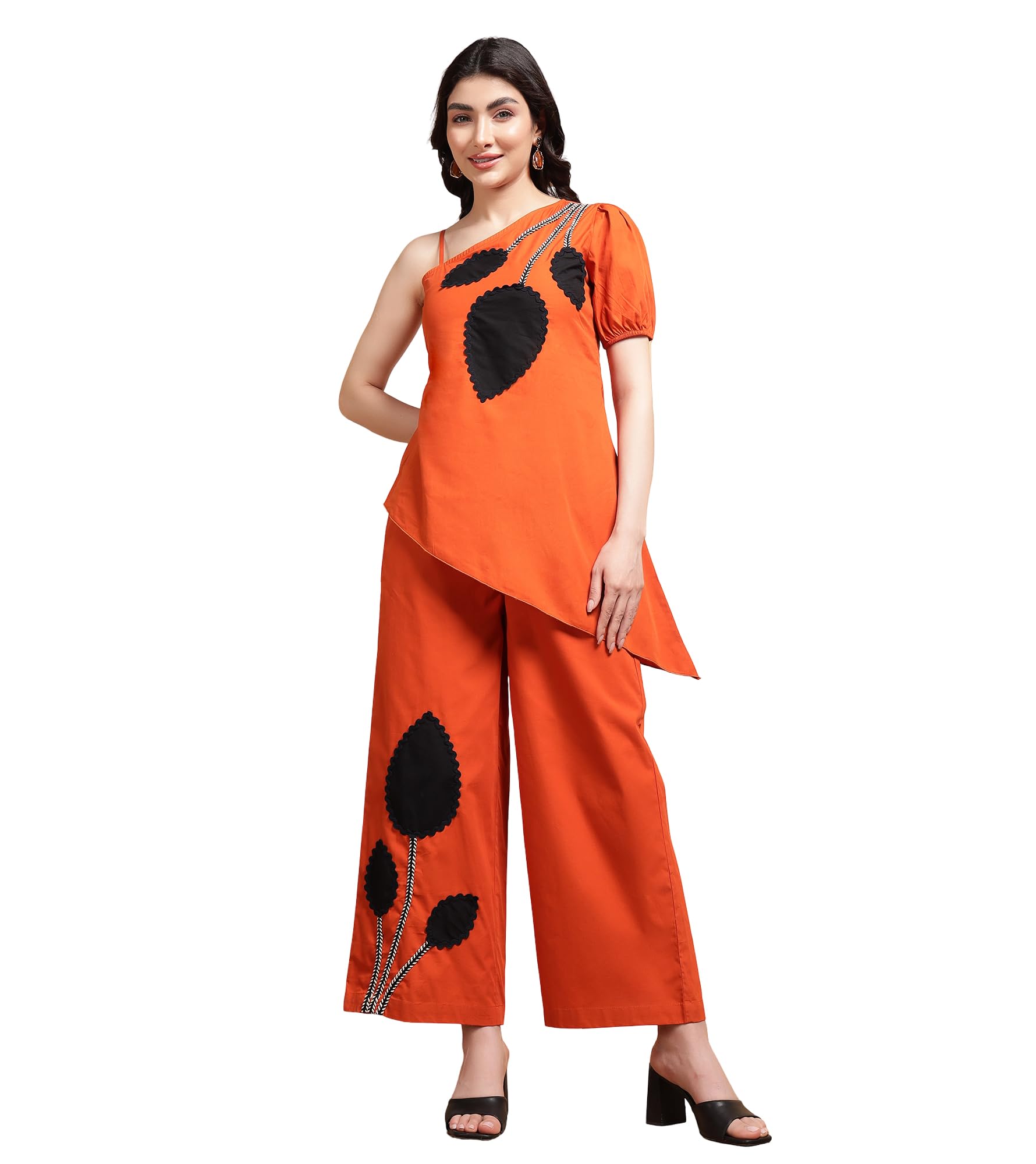 Solid Cotton Tunic & Pants Co-ord Set for Women's|Short Sleeve One Shoulder Regular Fit Stylish Summer Western Casual Wear Ladies Trendy Cord Set