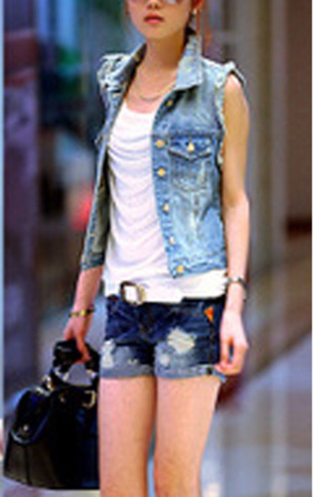 Donna Giacca Denim Senza Maniche Gilet in Jeans Slim Fit Lavaggio Colore Chiaro Strappati Giubbotto in Jeans Blu S