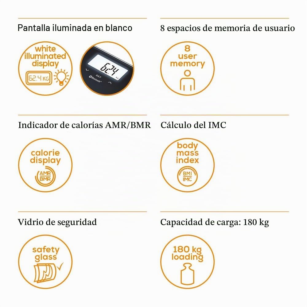 Beurer BF 600 Báscula diagnóstica negra, medición de grasa corporal, agua corporal, porcentaje muscular y masa ósea, con conexión a app