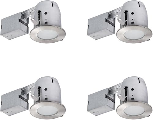 Globe 90973 - Kit de iluminación empotrable LED IC de 4 pulgadas, paquete de 4 unidades, níquel cepillado, vidrio esmerilado, clips de empuje y clic