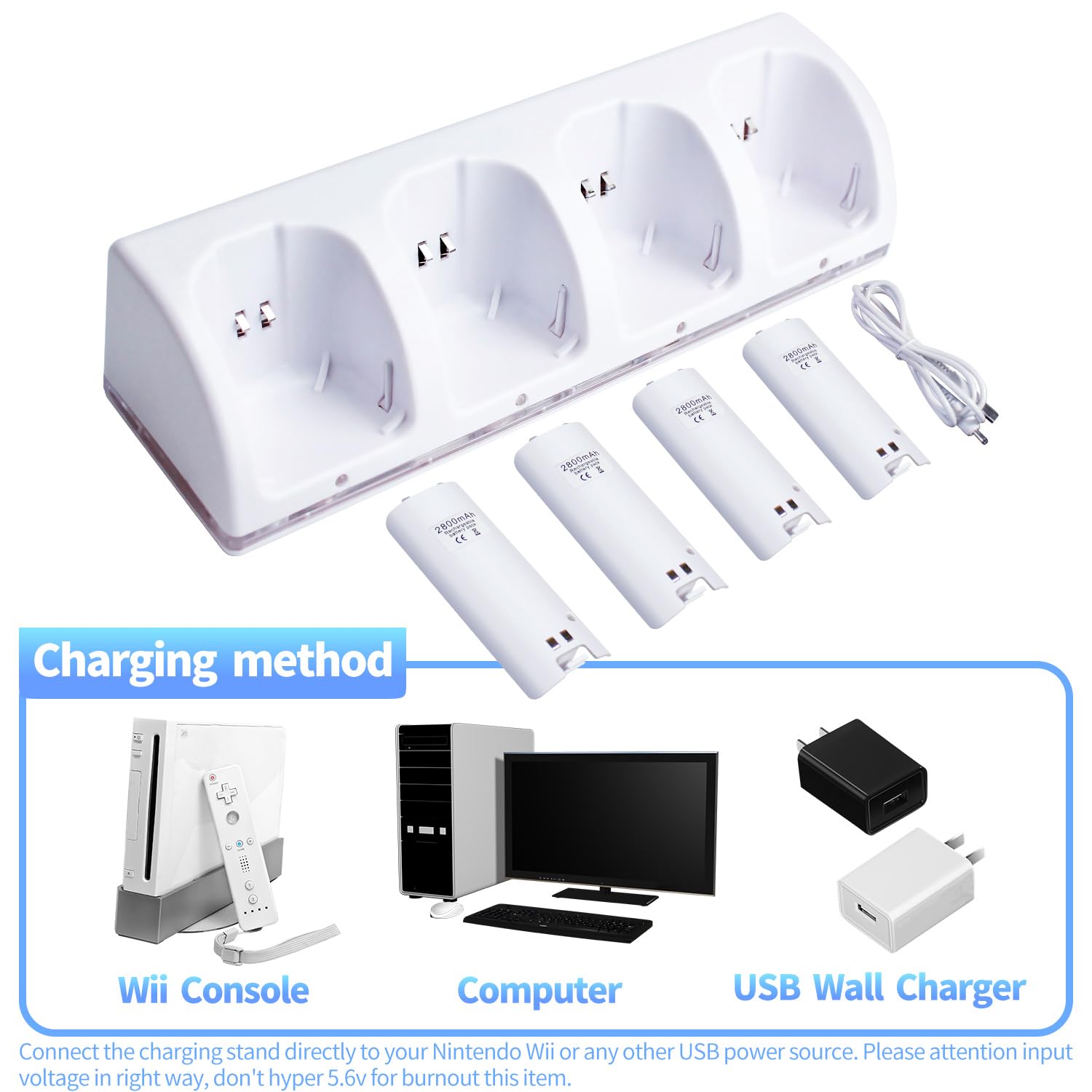 OSTENT Charger Dock Station + 4 Paquetes de baterías compatibles para el Mando a Distancia Nintendo Wii Color Blanco