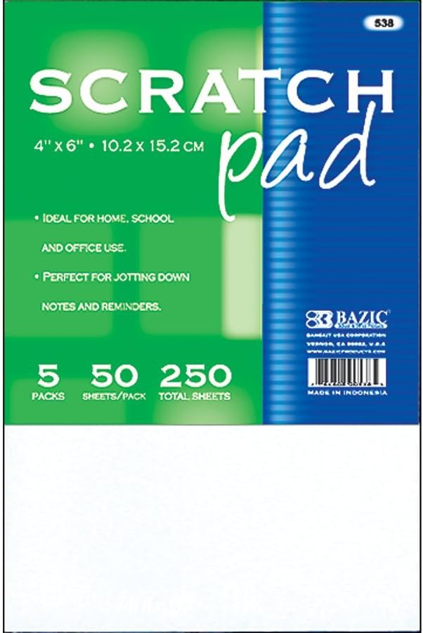 Bazic Memo/Scratch Pad, 4 x 6 Inches, 50 Sheets, 5 per