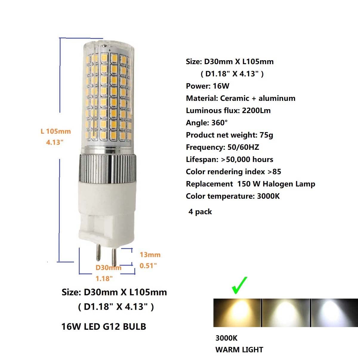 QLEE G12 Lampadina Led 16w Corn Light G12 Led Lampadina 3000k Bianco Caldo Sostituzione 35 Watt Lampada Ad Alogenuri Metallici 2 Pin Garage Light Office Led Bulb Downlight 4 Pack