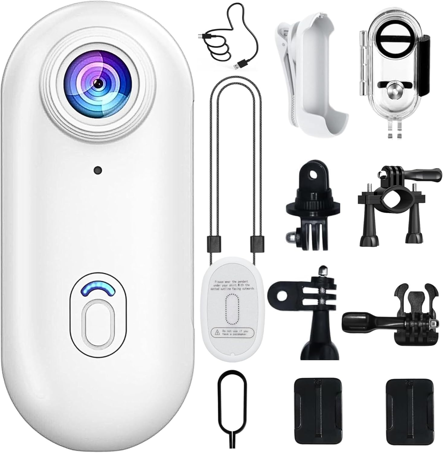 Mini Action Cam 4K, Portable Waterproof Body Camera with 360° Rotating Clip and Magnetic Clip, 120-Minute Battery for Cycling, Motorcycle, Walking with Animals, White