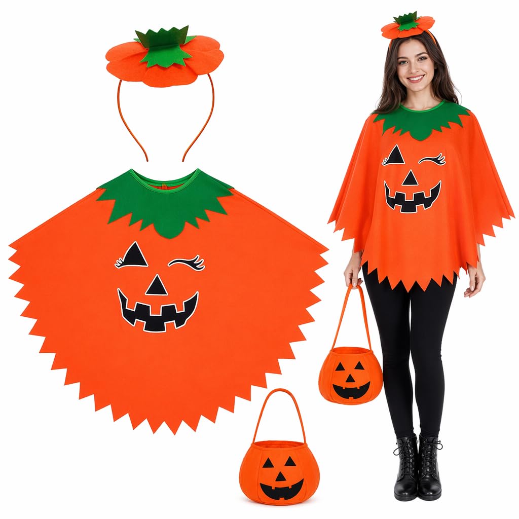 ZeBQrphio Pumpkin Costume Adult, 3-Piece Halloween Outfit with Cloak
