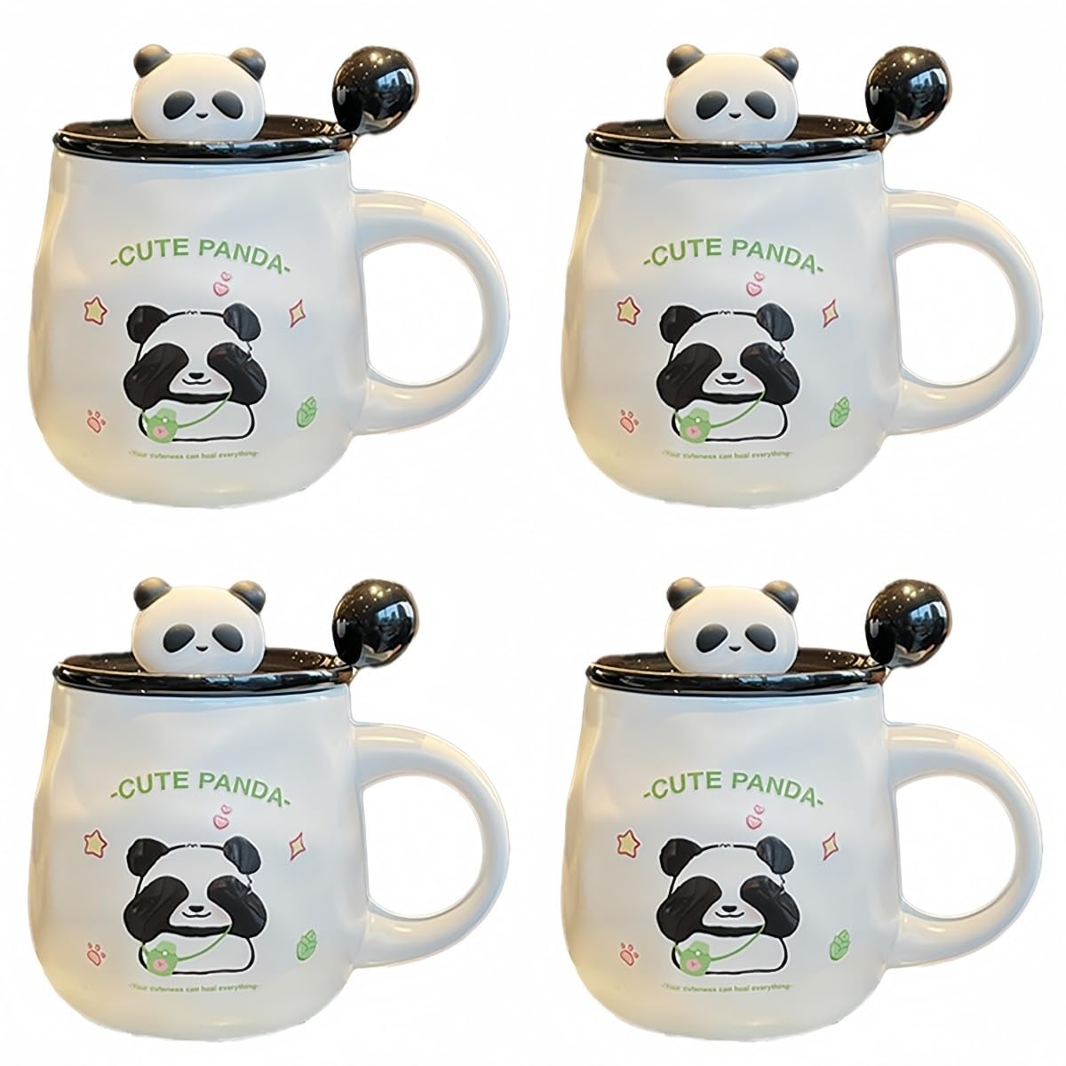 Panda Tasse mit Deckel Löffel Keramiktasse 400ml Matt Weiß süße Kaffeetasse Teetasse Geschenk Freundin Büro Geburtstag 2 Motive (Augen-zu-Panda – 4er-Set)
