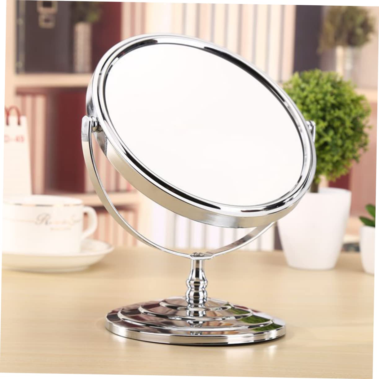 Doppelseitiger Vergrößerungs Schminkspiegel Schwenkbar für Tisch und Stand | Silber, Metall und Glas, Klare Sicht, Praktisch für Rasur und Make Up Am Schreibtisch