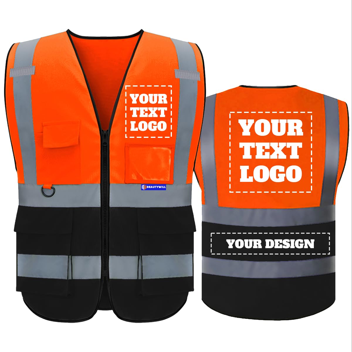 BeautyWill Custom Safety Vest LOGO Customized Hi Vis Reflective 5 Pockets and Zipper High Visibility Vest Class 2 Type R