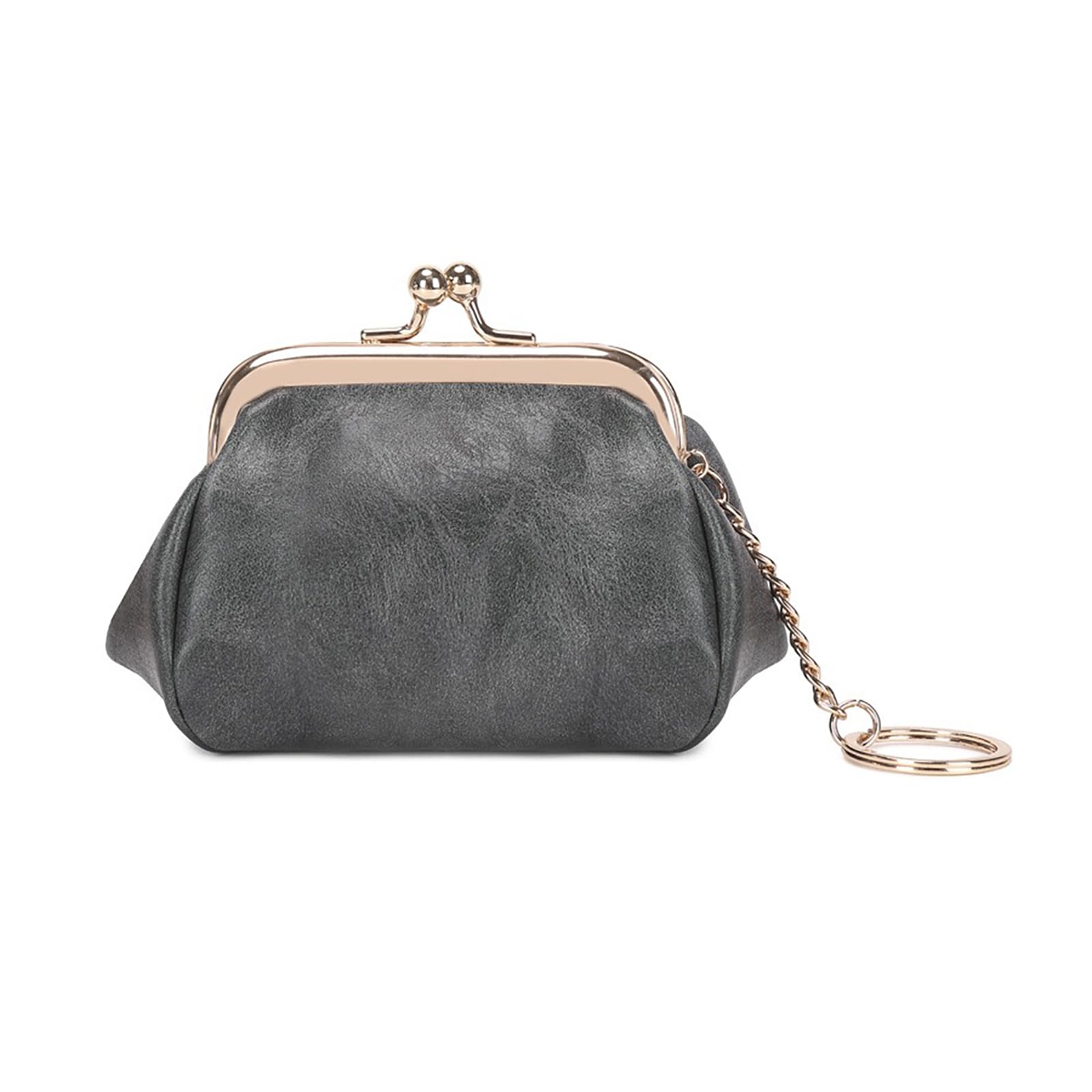 Retro Coin Purse Kiss Lock Wallet for Women with Key Chain (Grey)