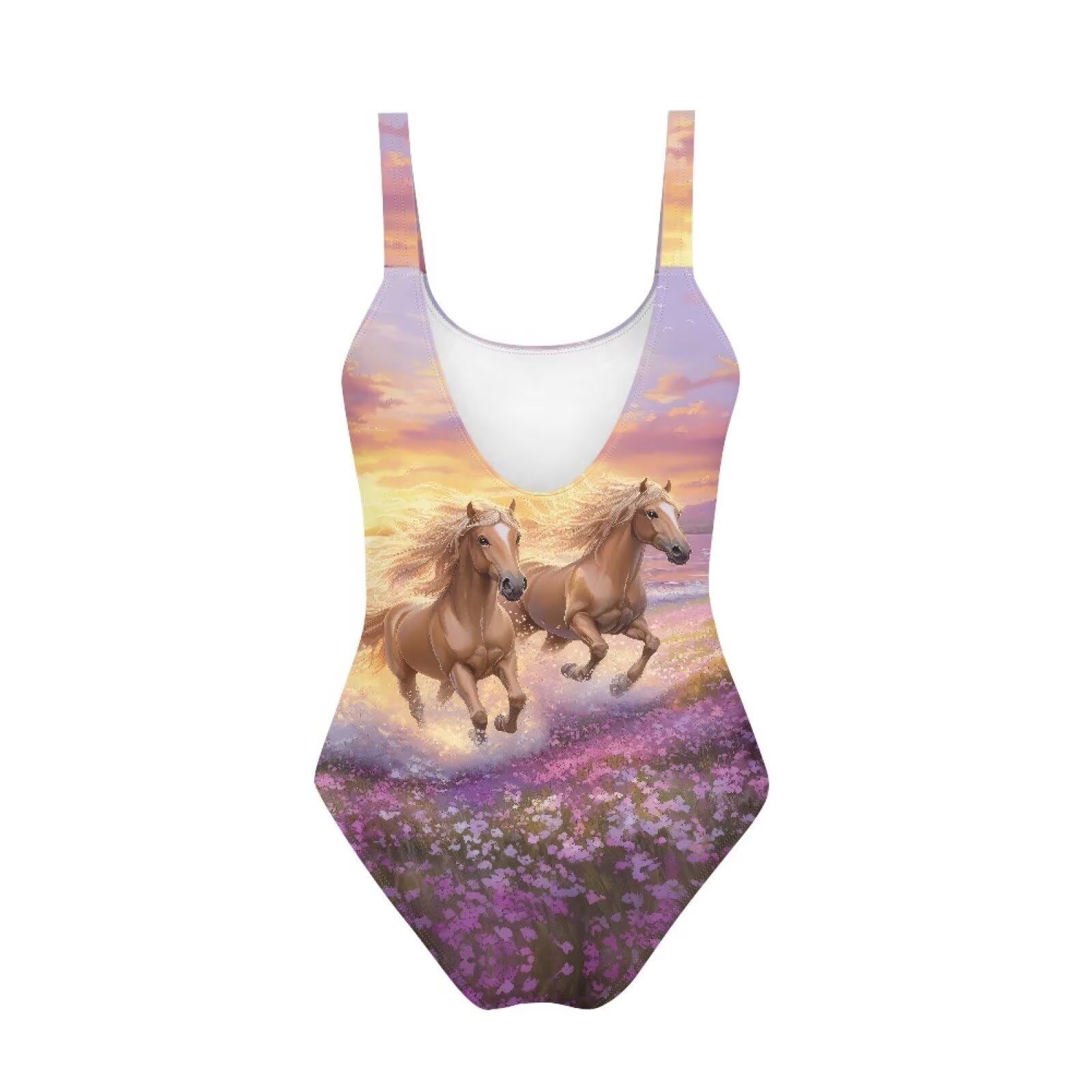 RMMRIYUE Running Horse Lavender One Piece Swimsuits for Teens Crewneck Elastic Casual Bathing Suit Push Up Summer Beach Holiday Swimwears Age 17-18 Years