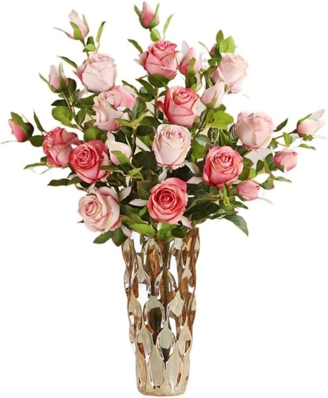 MYUYEE Fake Artificial Flowers Simulation Flower Arrangement Roze Rose Bouquet Dining Table Decoration With Glass Vase(B-One Size)
