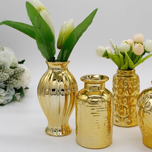 Miniatura 6 de NOLITOY Jarrón pequeño chapado en oro, 10 piezas, jarrón de flores geométricas secas, florero de cristal dorado, jarrón de vidrio dorado, jarrones