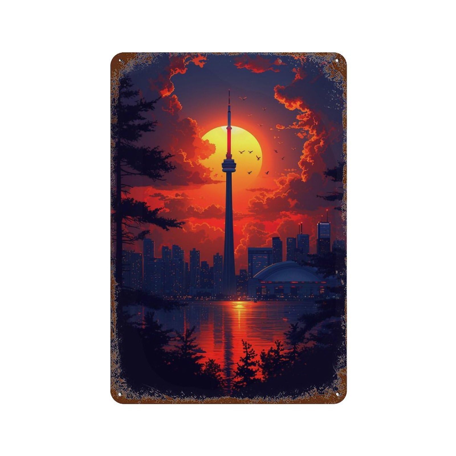 Toronto Skyline Sunset Rust Effect Tin Sign 11.8"x7.9", Novelty Wall Decor for Patio, Garden Room And Bar Decor