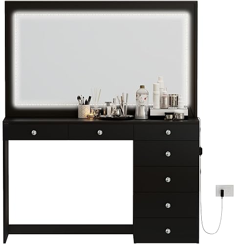 Miniatura 2 de Boahaus Joan Vanity - Escritorio de maquillaje con 7 cajones, espejo ancho de Hollywood, pomos de cristal, sin luces incluidas, mesa de maquillaje