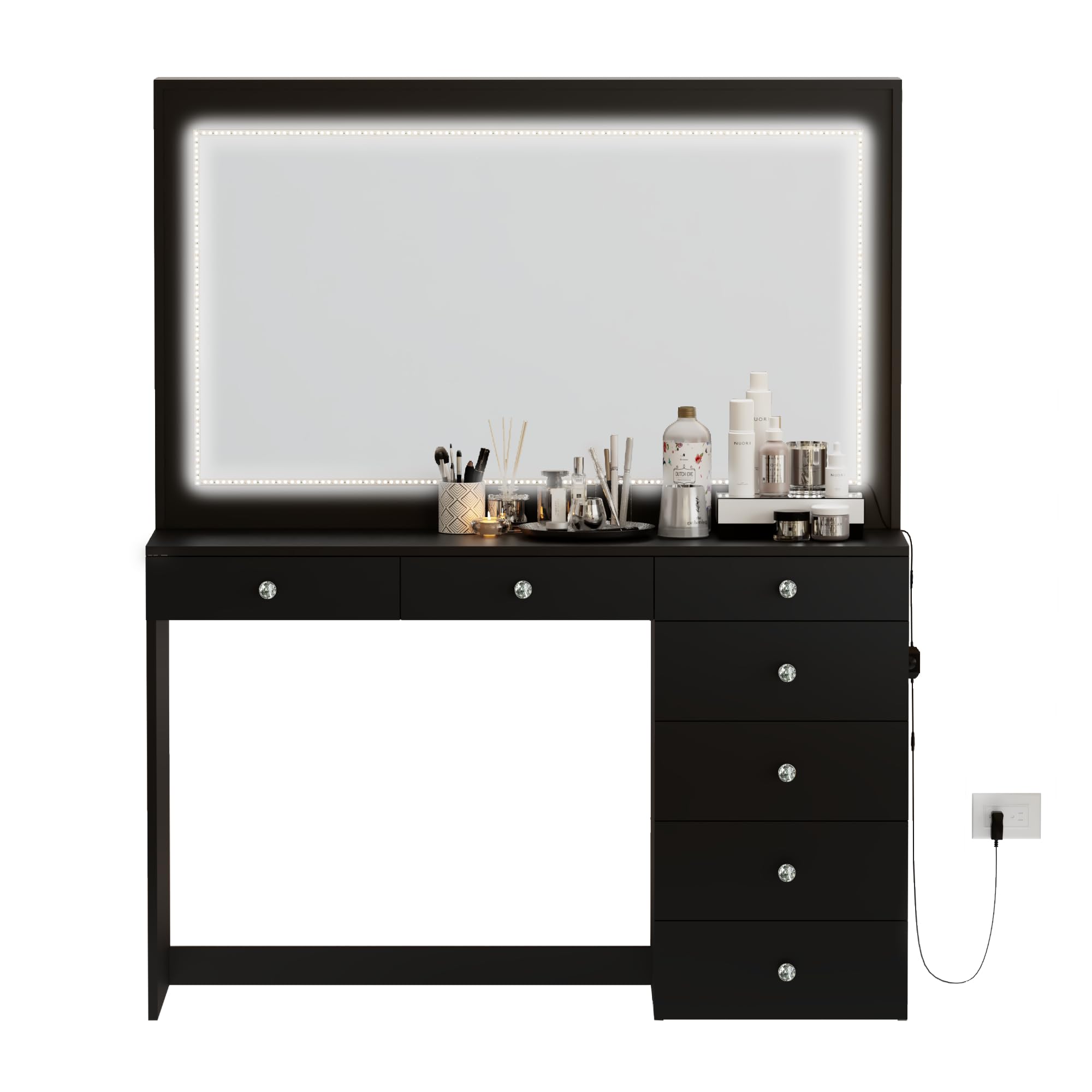 Boahaus Makeup Vanity Desk W/LED Lights Joan, 7 Drawers W/Crystal Knob, Full-Width Mirror, Black Finish - for Bedroom