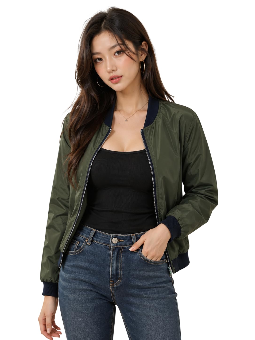 Women's Bomber Jacket | Lightweight Zip-Up Casual Jacket | Full Sleeve Ribbed Collar Solid Jacket with Pockets | Stylish Outdoor Windcheater-picture-39