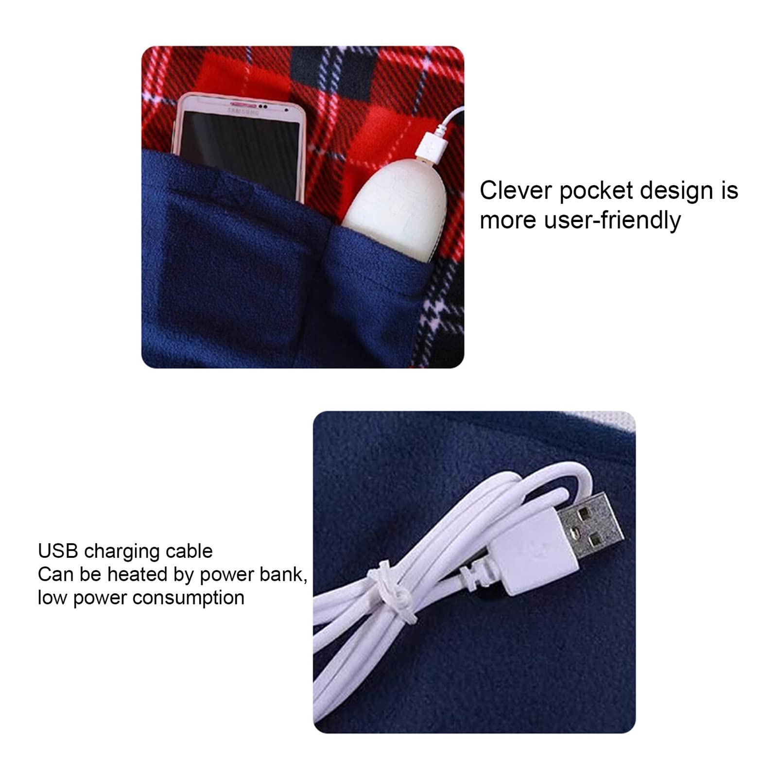 Koc elektryczny ogrzewany koc, można prać w pralce, ciepły koc ogrzewany przez USB podgrzewany koc z kieszeniami na sofę do samochodu sypialni, 80 x 59 cm, R1