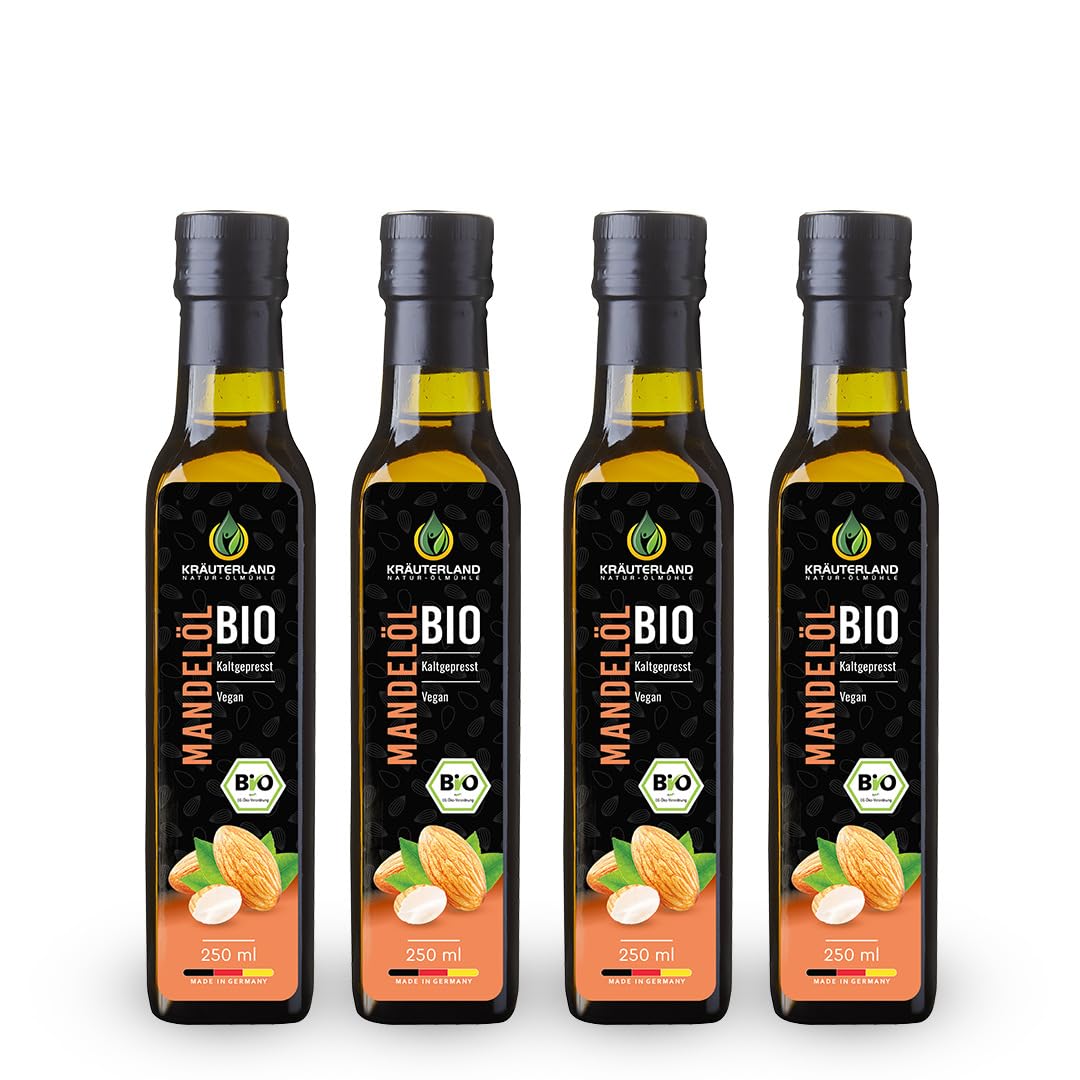Kräuterland Bio Mandelöl 4x250ml (1Liter) Kaltgepresst natives Speiseöl