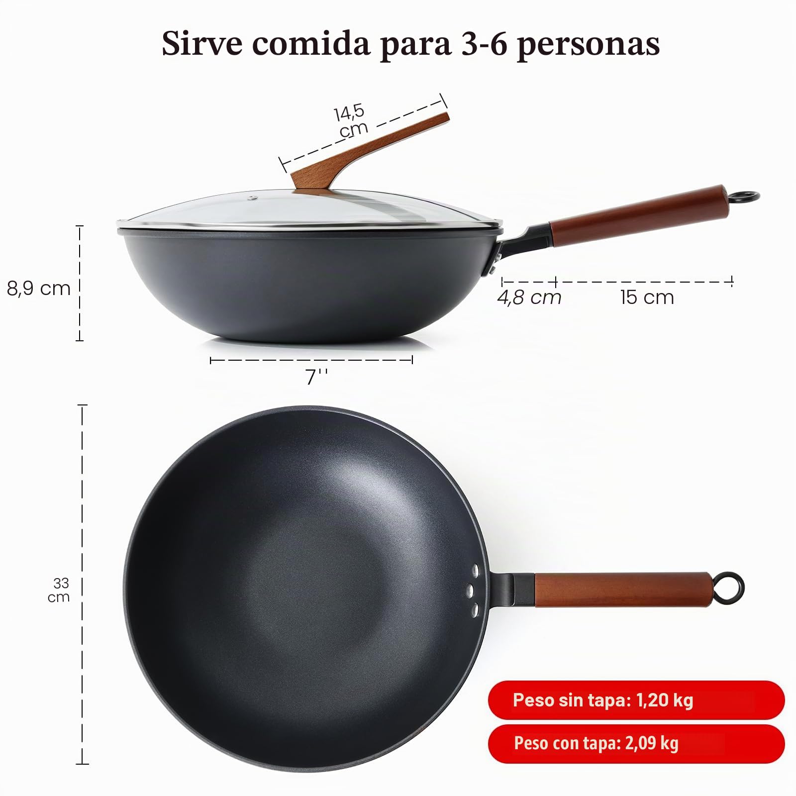 Kordisen Wok Antiadherente 33 cm/5,6 L con Tapa, Sin Revestimiento Químico, Precurado Wok, Apto para Inducción, Eléctrico y Gas