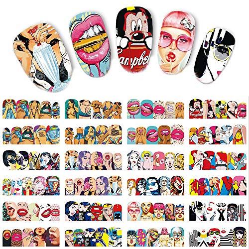Nail Stickers Water Transfer Women Girls Nail Decals Trendy Manicure Full Nail Wraps Nail Art Sticker Decoration Supplies Punk Red Kiss Lips Sexy Girls Pattern Design