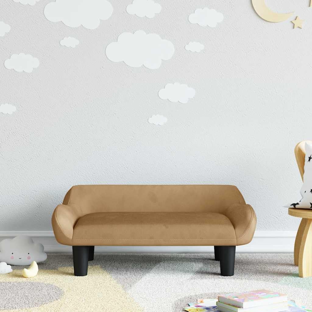 Sofa dziecięca brązowa, 70 x 40 x 24 cm, aksamitna, do pokoju dziecięcego, ławka do siedzenia z wyściółką piankową, lite drewno sosnowe, nośność 50 kg, do zabawek i ubrań w pokoju niemowlęcym