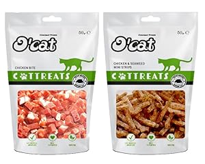 O'Cat Chicken and Broccoli Thin Chips 50 GMS +O'Cat Chicken and Seaweed Mini Strips Premium Natural cat Dental Training Treats 50 GMS Treats for Cats & Kitten | Dental & Training Cat Treats.