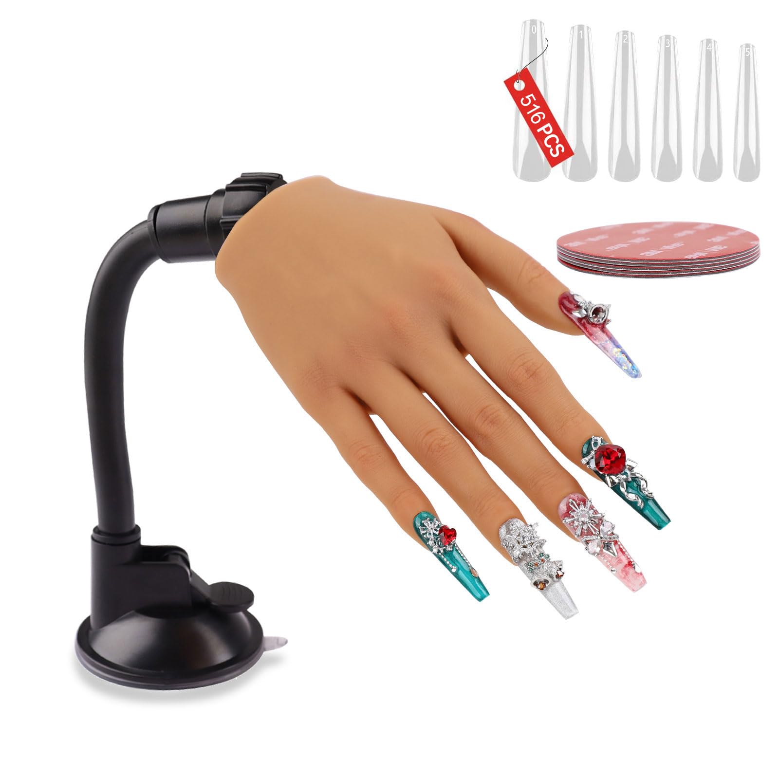 Nail Practice Hand for Acrylic Nails with 516 Pcs Nails, Silicone Fake Hands to Practice Fake Nails Mannequin Hand for Nails Practice and Nail Art