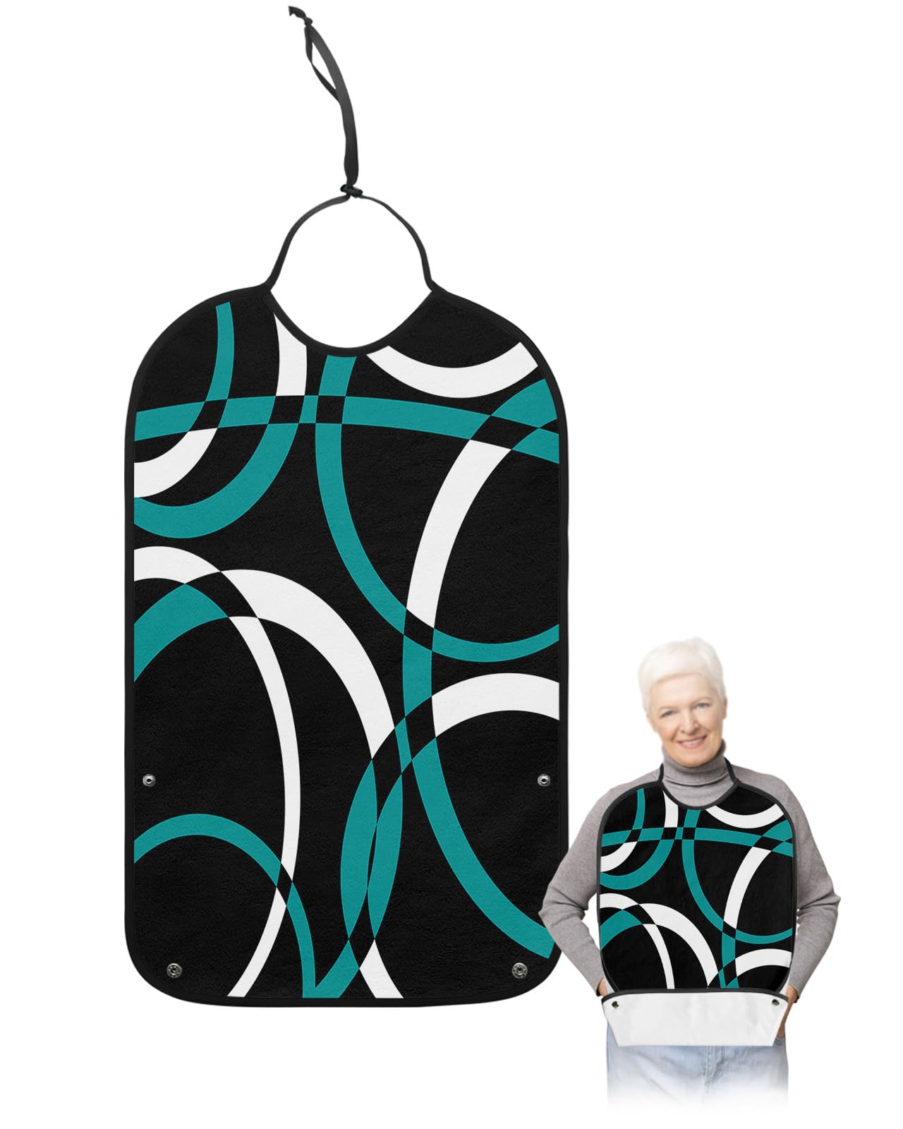 Teal Geometric Adult Bib for Eating with Crumb Catcher,Washable & Waterproof Terry Cloth Adjustable Elderly Women Men Adult Bibs Funny Apron Reusable Clothing Protector Modern Turquoise Black White