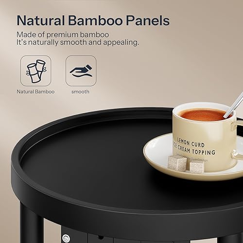 Miniatura 7 de HOOBRO Mesa auxiliar redonda pequeña con estación de carga, mesa auxiliar redonda de bambú de 2 niveles, mesa de noche compacta para espacio