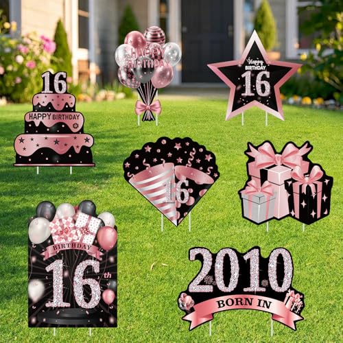 DECEED 7 PCS Happy 16th Birthday Yard Signs Birthday Outdoor Decorations for Men and Women Made in 2010 Lawn Sign Black Gold Sixteen Year Old Birthday Yard Decor with Stakes(BlackPink)