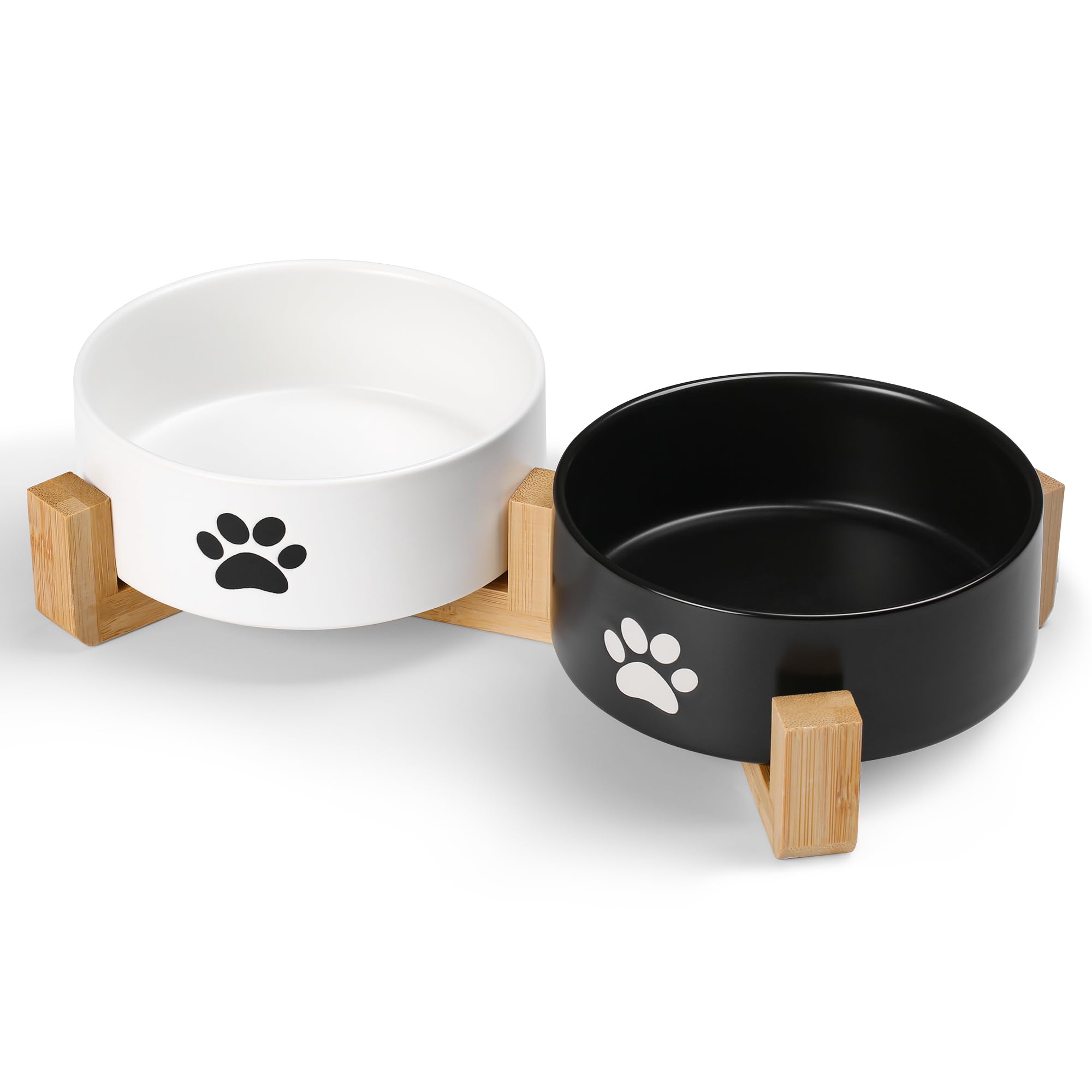 Kitwinney Large Dog Bowls, Non Slip Heavy Ceramic Dog Food and Water Bowl with Silicone Base, 8" Pet Feeding Bowl for Small, Medium, and Big Dogs (2 Bowls+ 1 Stand-Black and White, 5.1 Inches)