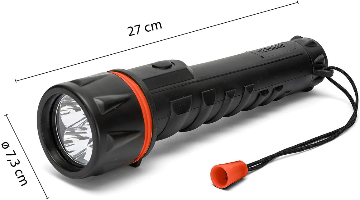 Velamp 3 LED Flashlight in Hyper Rubber. with Comfortable lace. Works with 3 D Batteries (not Supplied). Super Bright, Water and Shock Resistant, Black