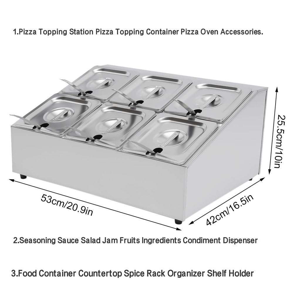 Estación organizadora de pizza, dispensador de condimentos, de acero inoxidable, para condimentos, especias, ingredientes, salsas, frutas