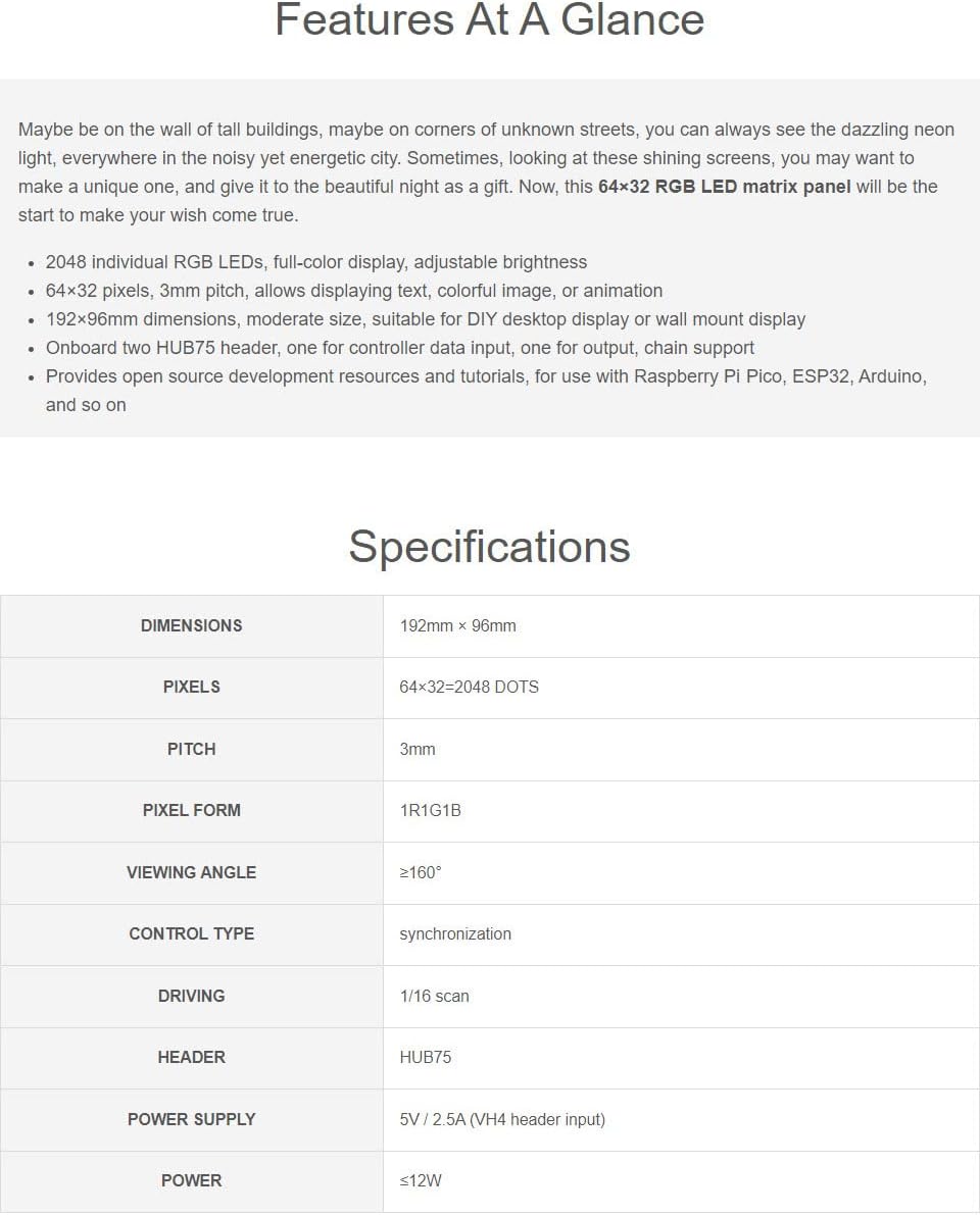 Waveshare RGB Full-Color LED Matrix Panel 64×32 Pixels Display Screen 2048 Individual LEDs 3mm Pitch Compatible with Raspberry Pi 5/4B/3B/Zero/Zero W/Zero 2W/Pico/Pico W/Pico WH, ESP32