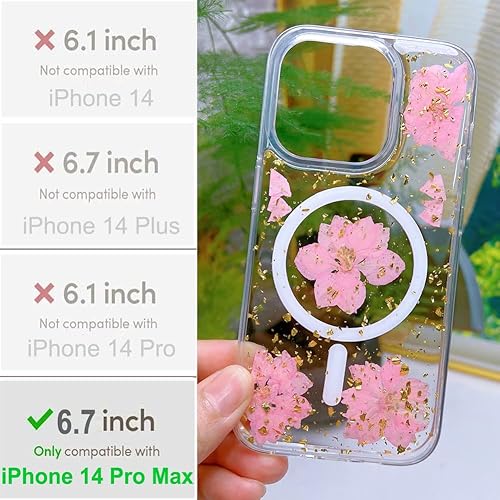 Miniatura 2 de Abbery Funda magnética para iPhone 14 Pro Max de 6.7 pulgadas, compatible con MagSafe Cute Clear with Design Glitter Sparkle Real Dry Pressed Flower