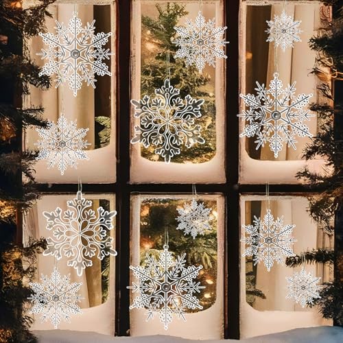 Image of Christmas Tree Decorations Snowflake Ornaments 60Pcs Clear Plastic Hanging Snowflakes from Ceiling Snow Flakes Decorating Hanging for Winter Wonderland Decorations Indoor Outdoor Decor