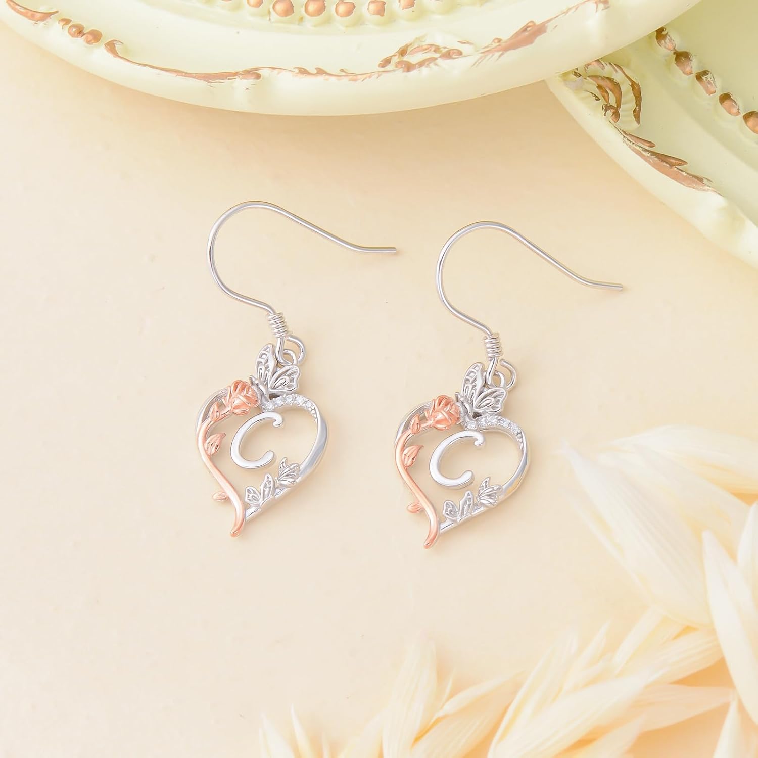 TOUPOP Rose Heart Initial Earrings 925 Sterling Silver Heart Butterfly Earrings Jewelry Anniversary Birthday Christmas Gifts for Women Her Girlfriend Wife
