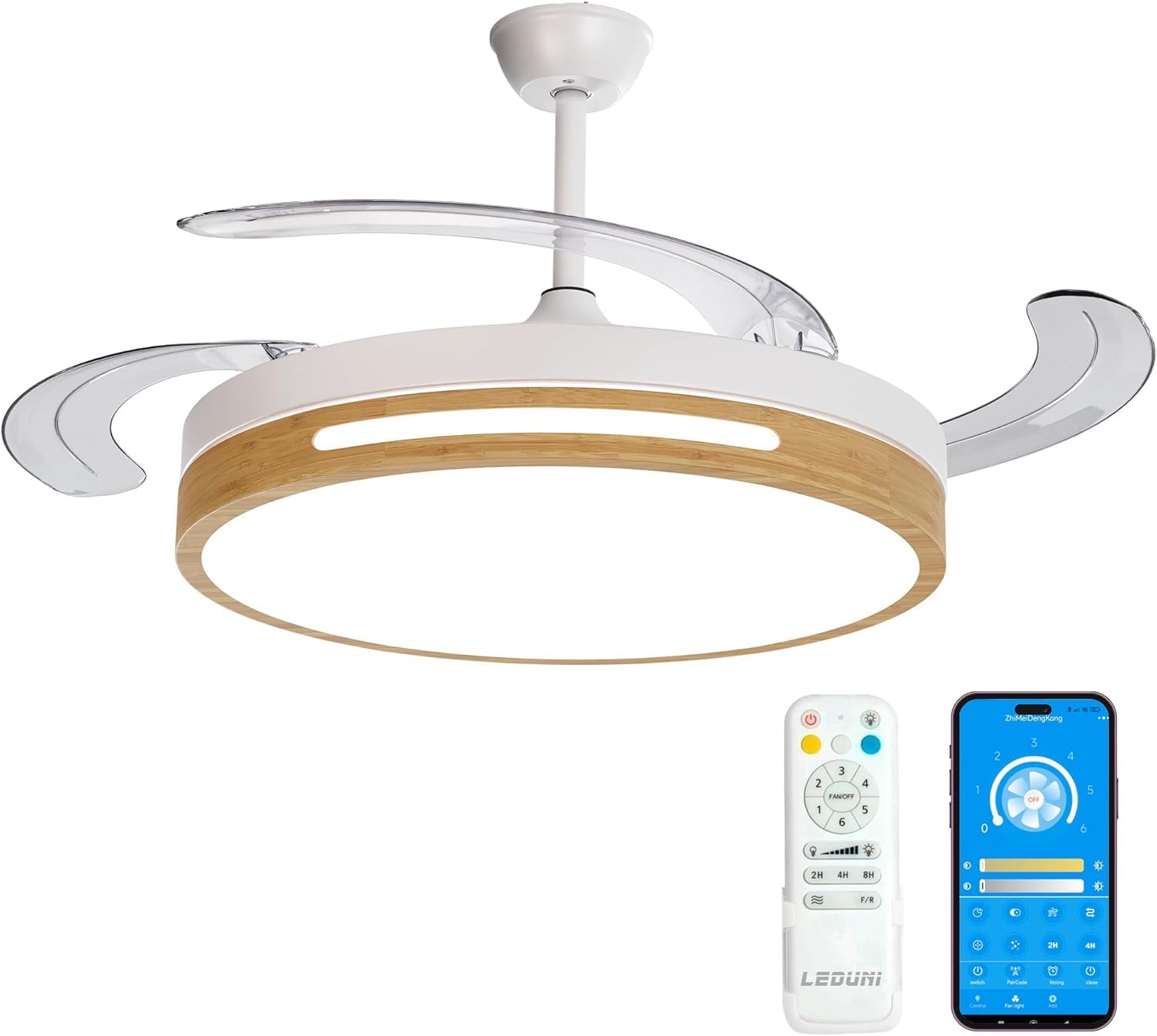 LED Ceiling Fan with Retractable Blades, Silent with Remote Control DC Motor 66w 30W DC Motor+36W Light 2880LM, 6 Speeds with Light Memory (Wood)