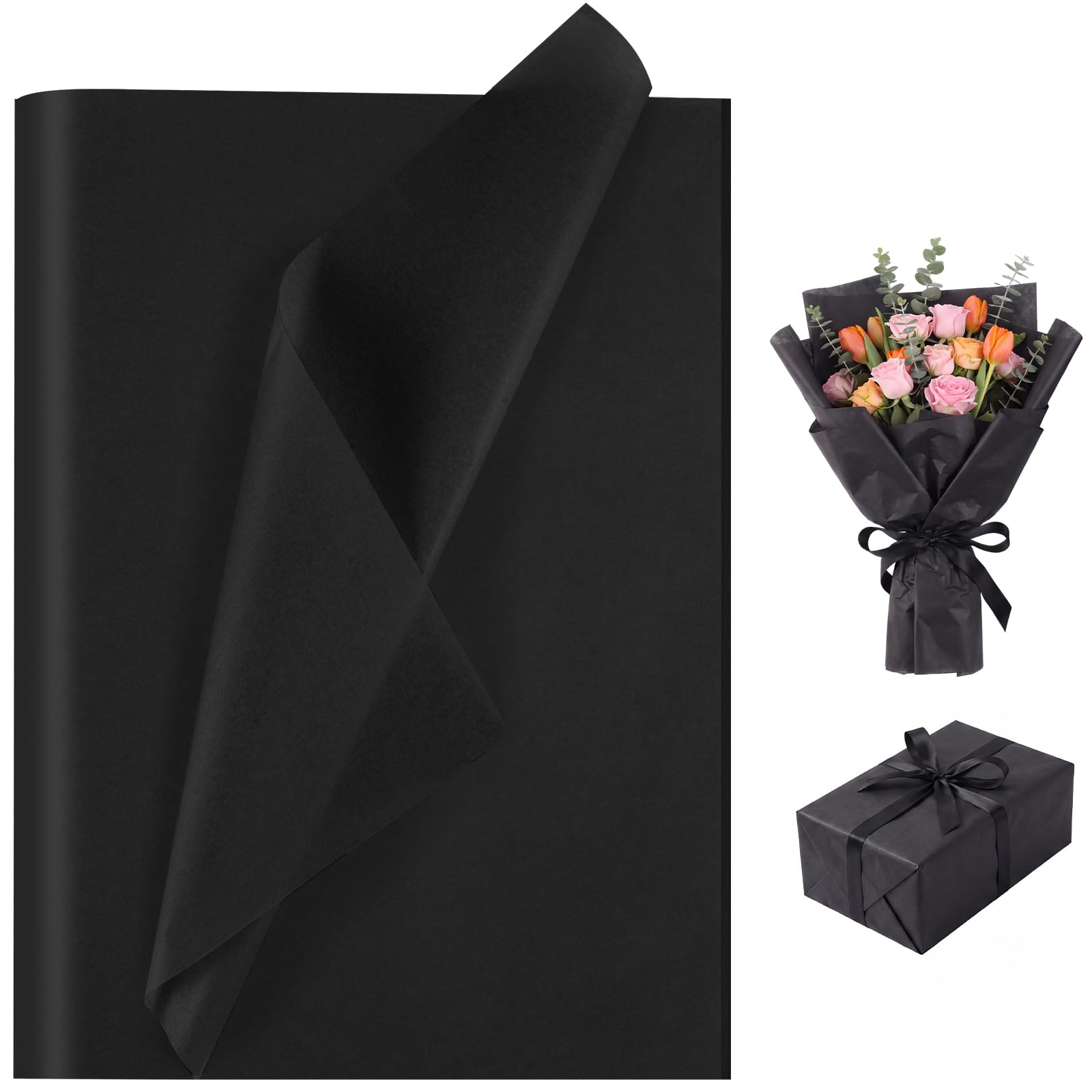 woric 50 Sheets Black Tissue Paper, 50 * 70cm Black Wrapping Paper for Gift Wrap Packaging Clothes DIY Crafts Party Decorations Paper Flowers Halloween Decor