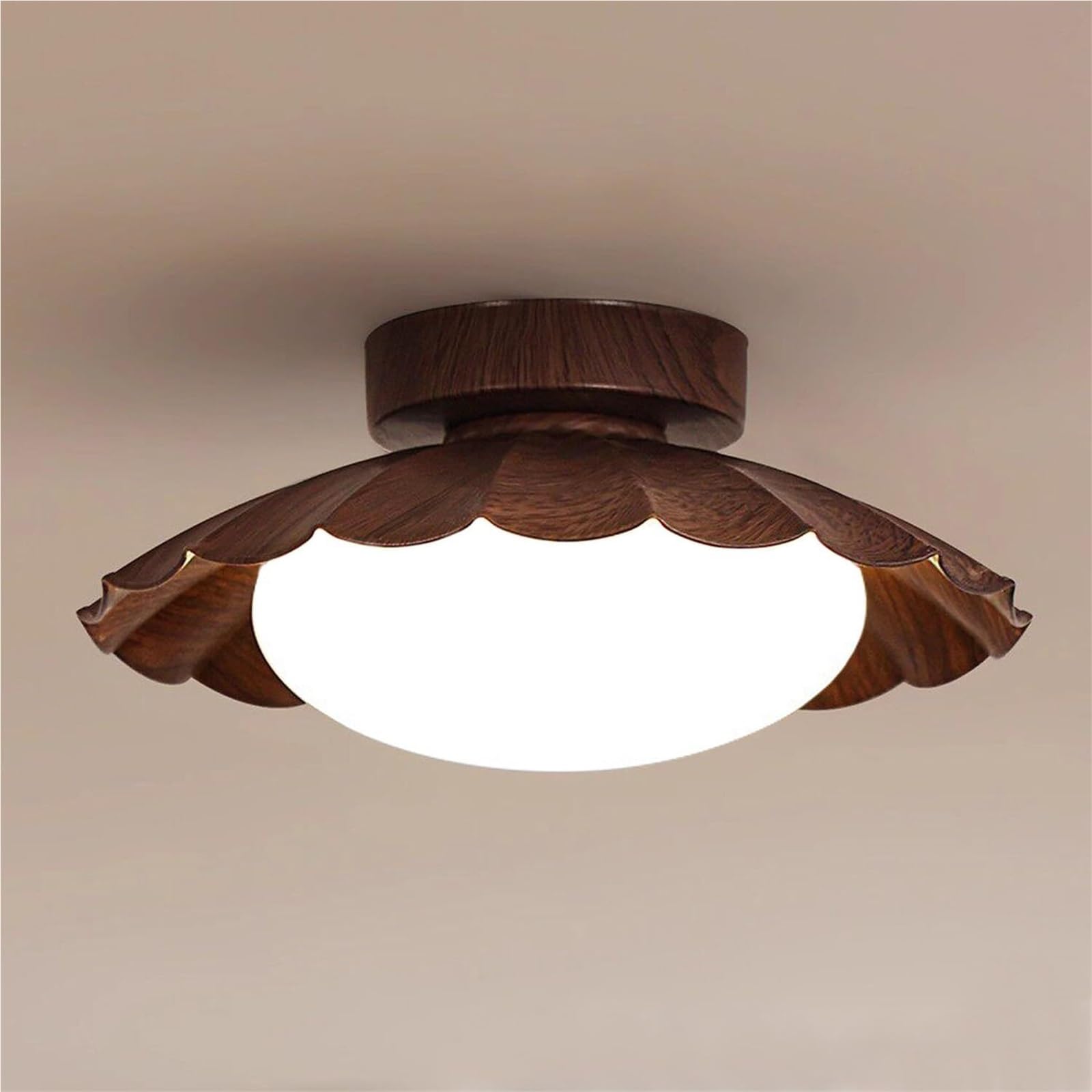 KHUKHU Walnut Finish Flush Mount Ceiling Light,Hallway Light Fixture with Metal Lampshade,Mid Century Semi Flush Mount Ceiling Lamp for Hallway Entryway and Office(Walnut,13.78In/35cm)