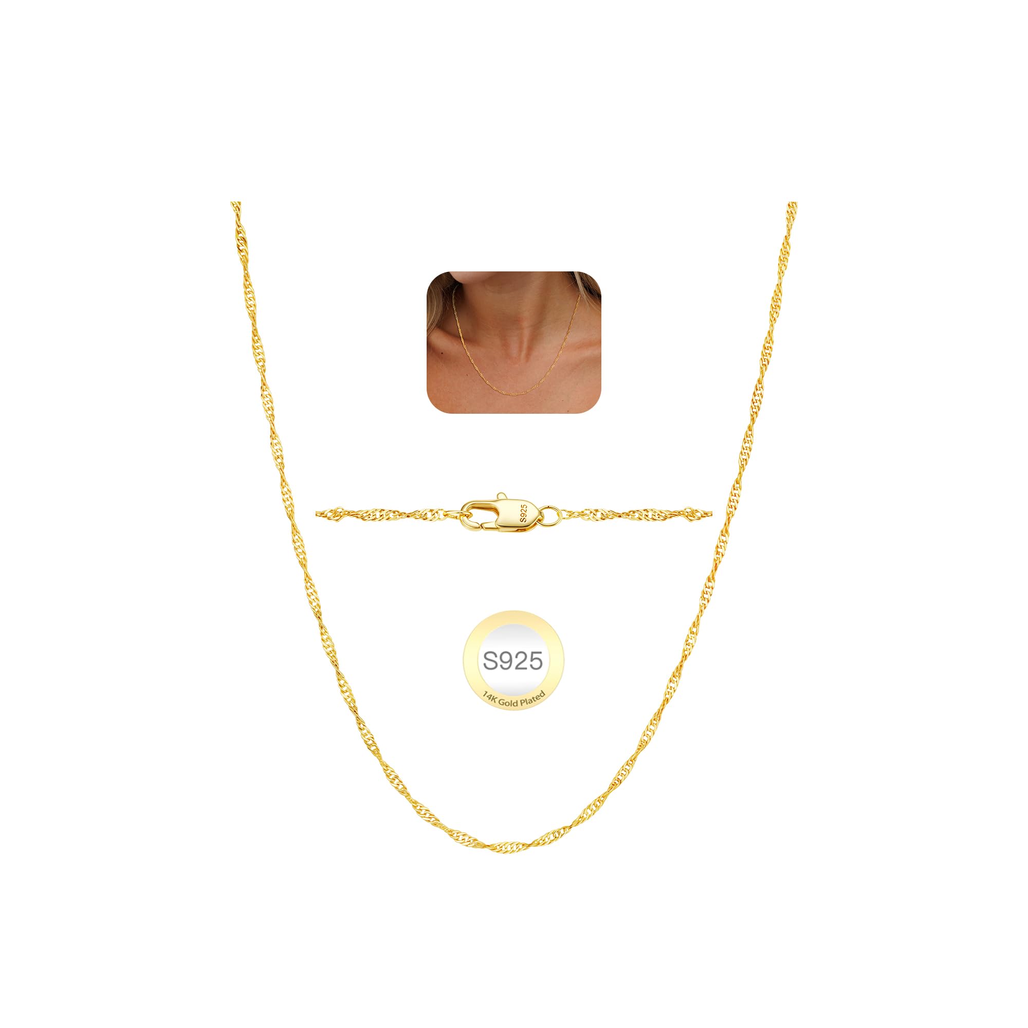 925 Sterling Silver 2mm Singapore Chain for Women, 14K Gold Plated Chains for Women Hypoallergenic Jewelry Gifts 16/18/20/22 Inch image 6