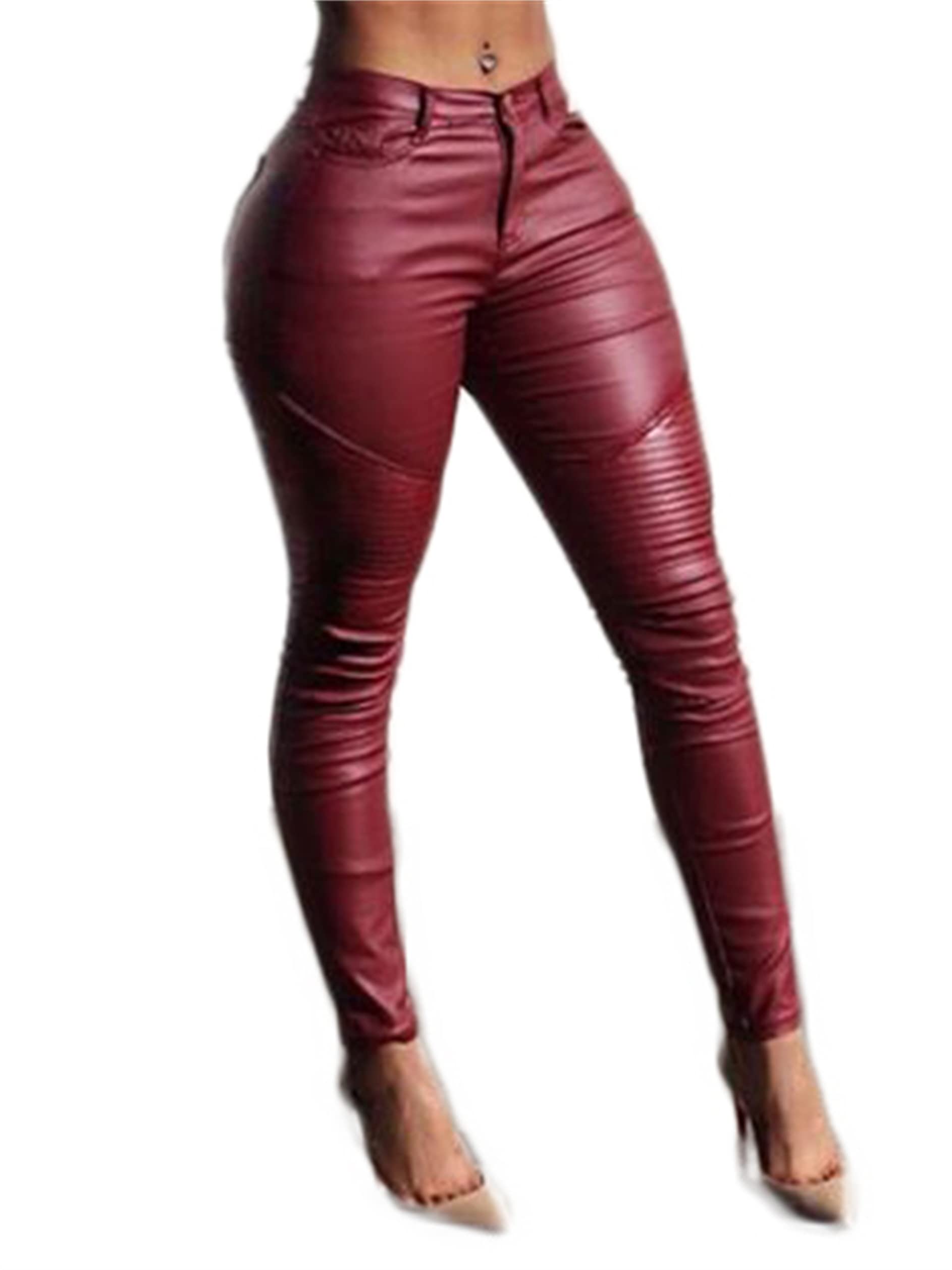 Damskie skórzane seksowne spodnie ze sztucznej skóry Push Up Legginsy Slim Fit Fałdy na kolanach Skórzane spodnie motocyklowe (wino-czerwone M)