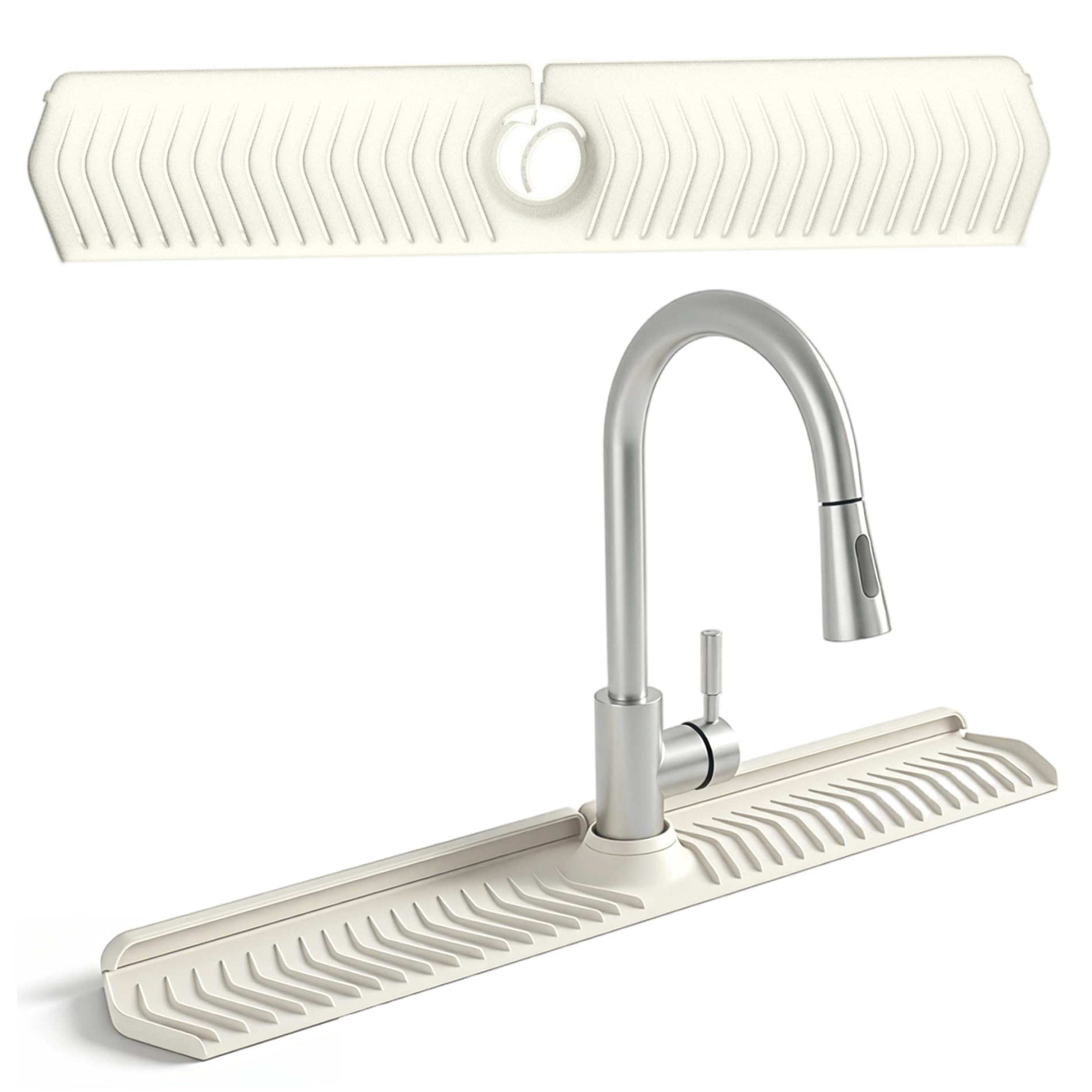 Licsaliwe Foldable Silicone Sink Splash Guard 30", Sink Faucet Mat with Adjustable Lock Splash Guard for Kitchen Behind Faucet, Beige