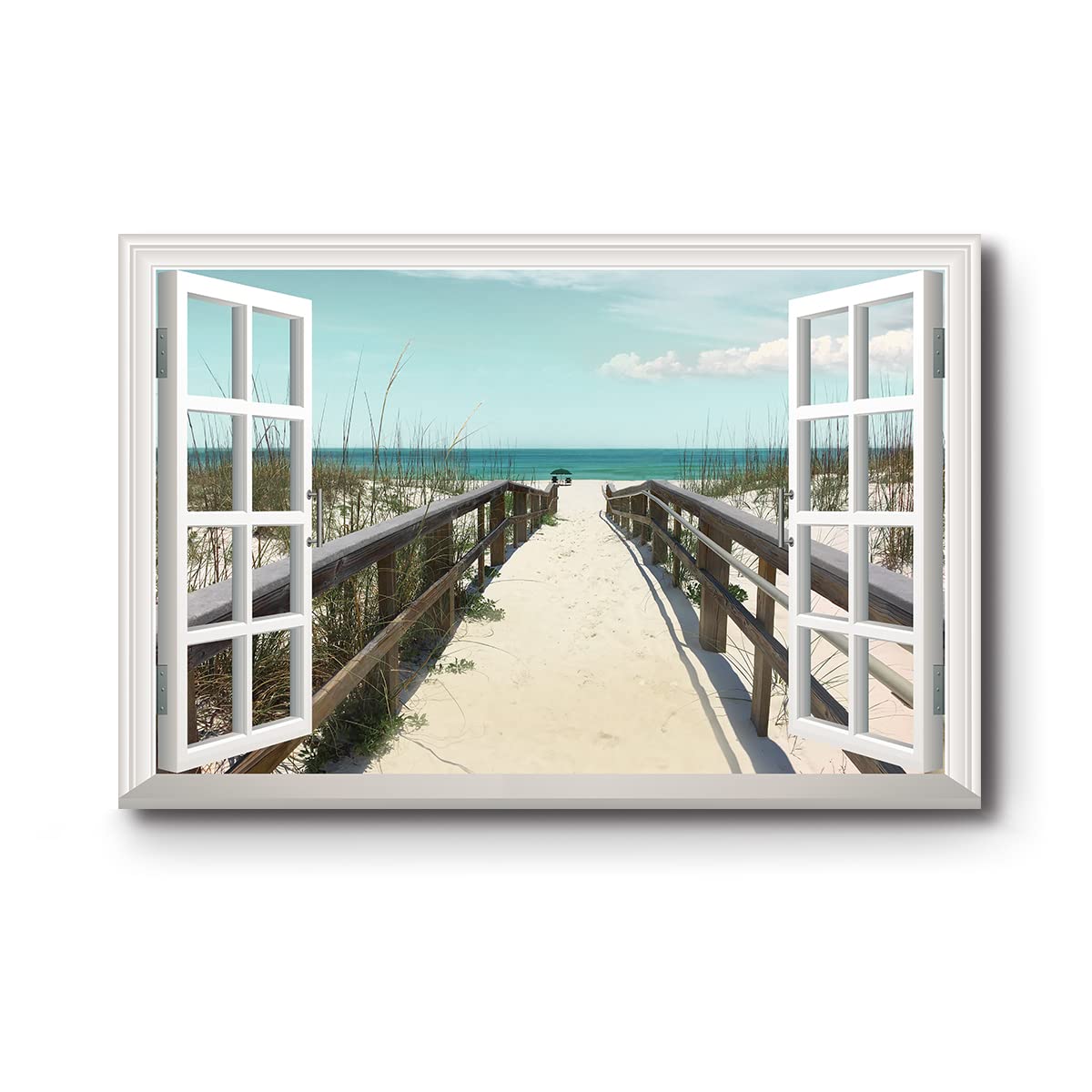 Renditions Gallery Canvas Wall Art Window View of Pathway to The Sandy Sunny Beach Wall Hanging Artwork for Living Room Office Kitchen Decor - 24"X36" LT04