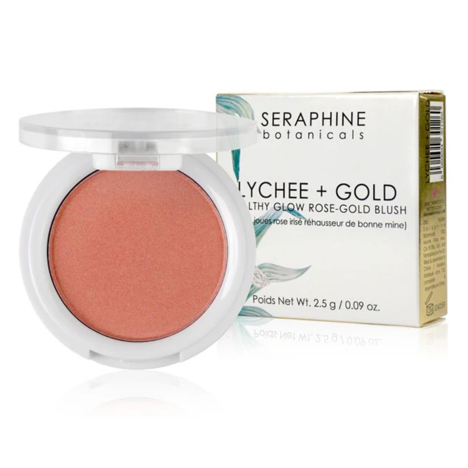 Seraphine Botanicals Lychee + Gold Healthy Glow Rose-Gold Blush with Ginger Lychee Mangosteen & Chamomile Extracts, Shimmer Cheek Color, Face Makeup Palette for Radiant Look, 0.11 oz Lychee & Gold